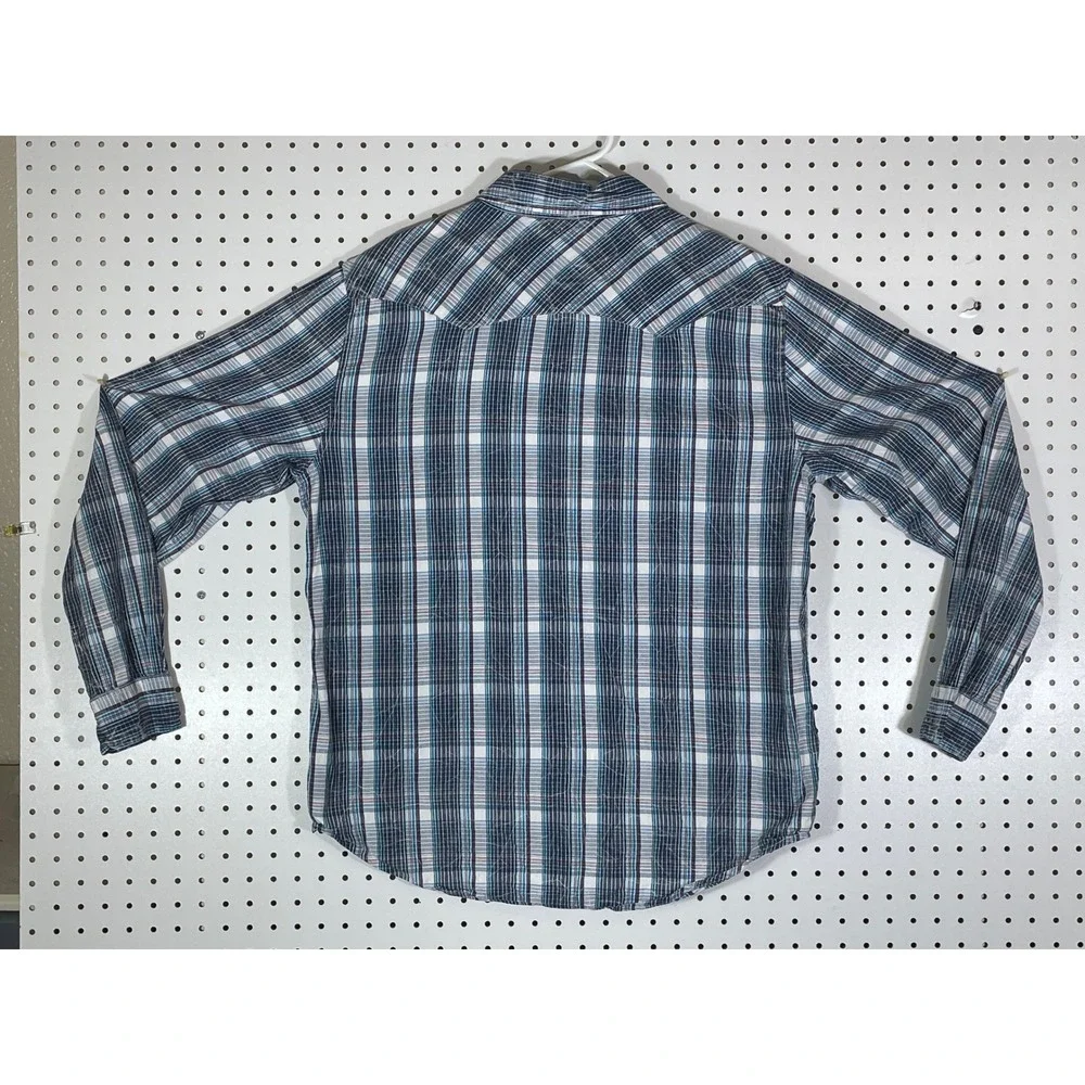 Levis Mens Large Blue Plaid Long Sleeve Western Pearl Snap Button Down Shirt